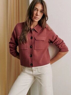 Sézane 100% Merino Wool Collared Cropped Rosewood Betty Cardigan Size XXS